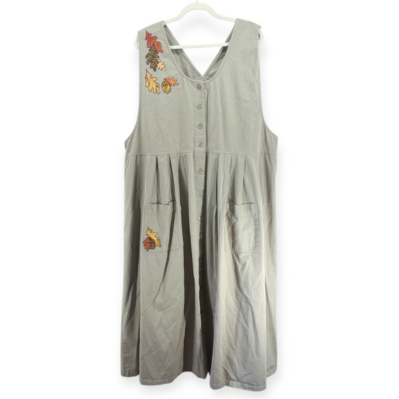 Vintage 90s Embroidered Fall Leaves Khaki Cotton Twill Pleated Midi Dress